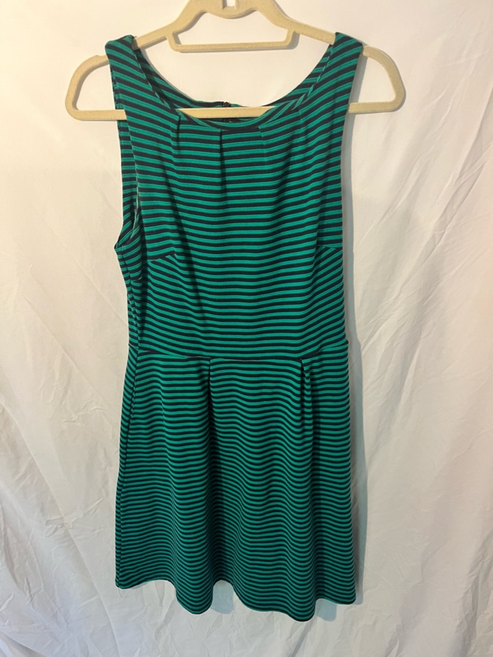 Mary McFadden Sleeveless Green and Navy Striped Fit-and-Flare Knit Dress